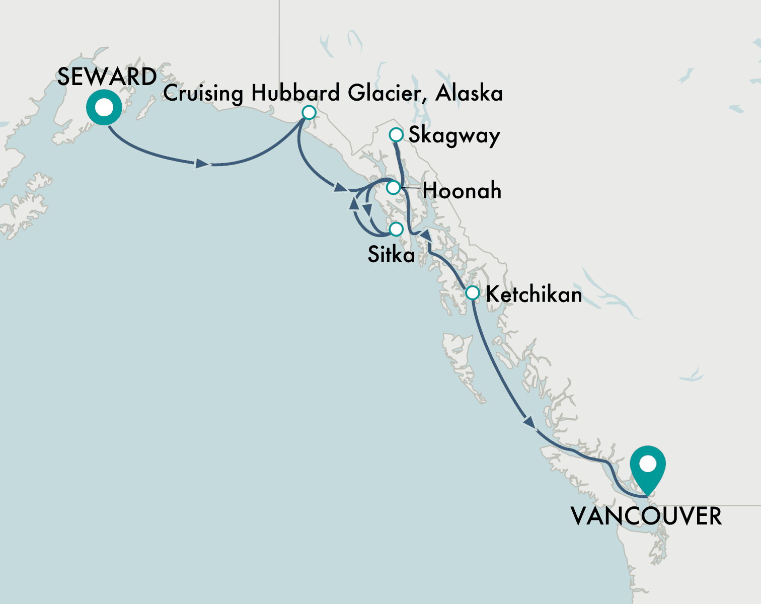 itinerary map of cruise Seward (Anchorage) to Vancouver