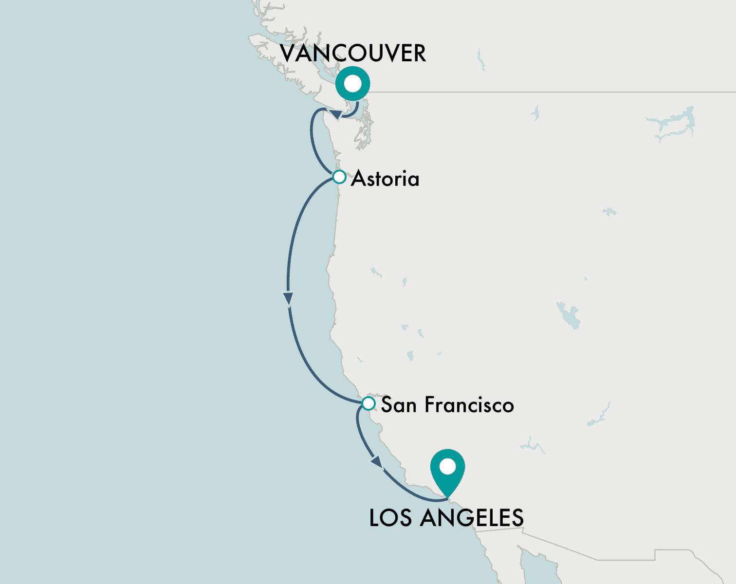 itinerary map of cruise Vancouver to Los Angeles