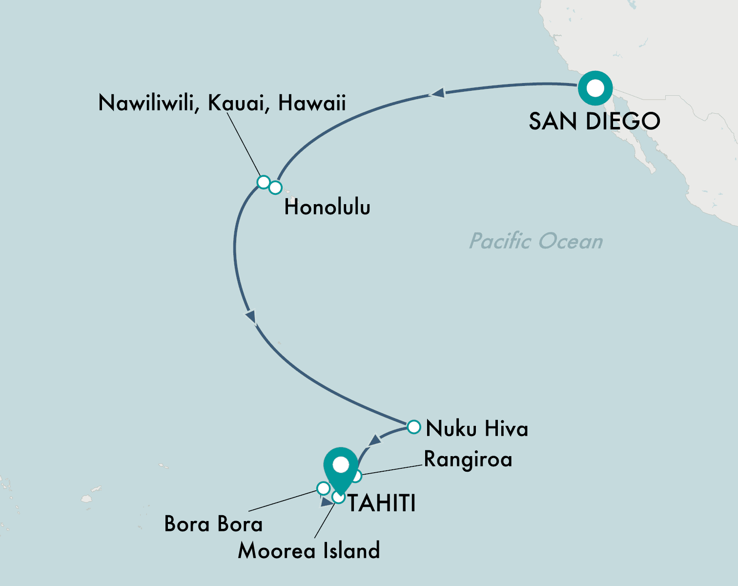 itinerary map of cruise San Diego to Tahiti (Papeete)