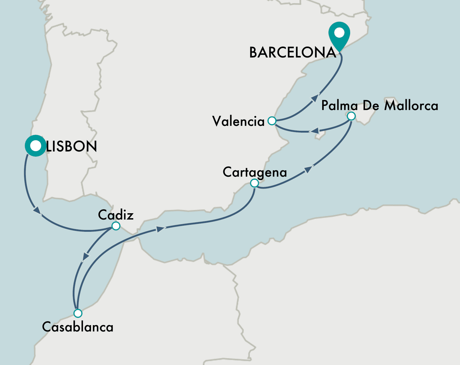 itinerary map of cruise Lisbon to Barcelona