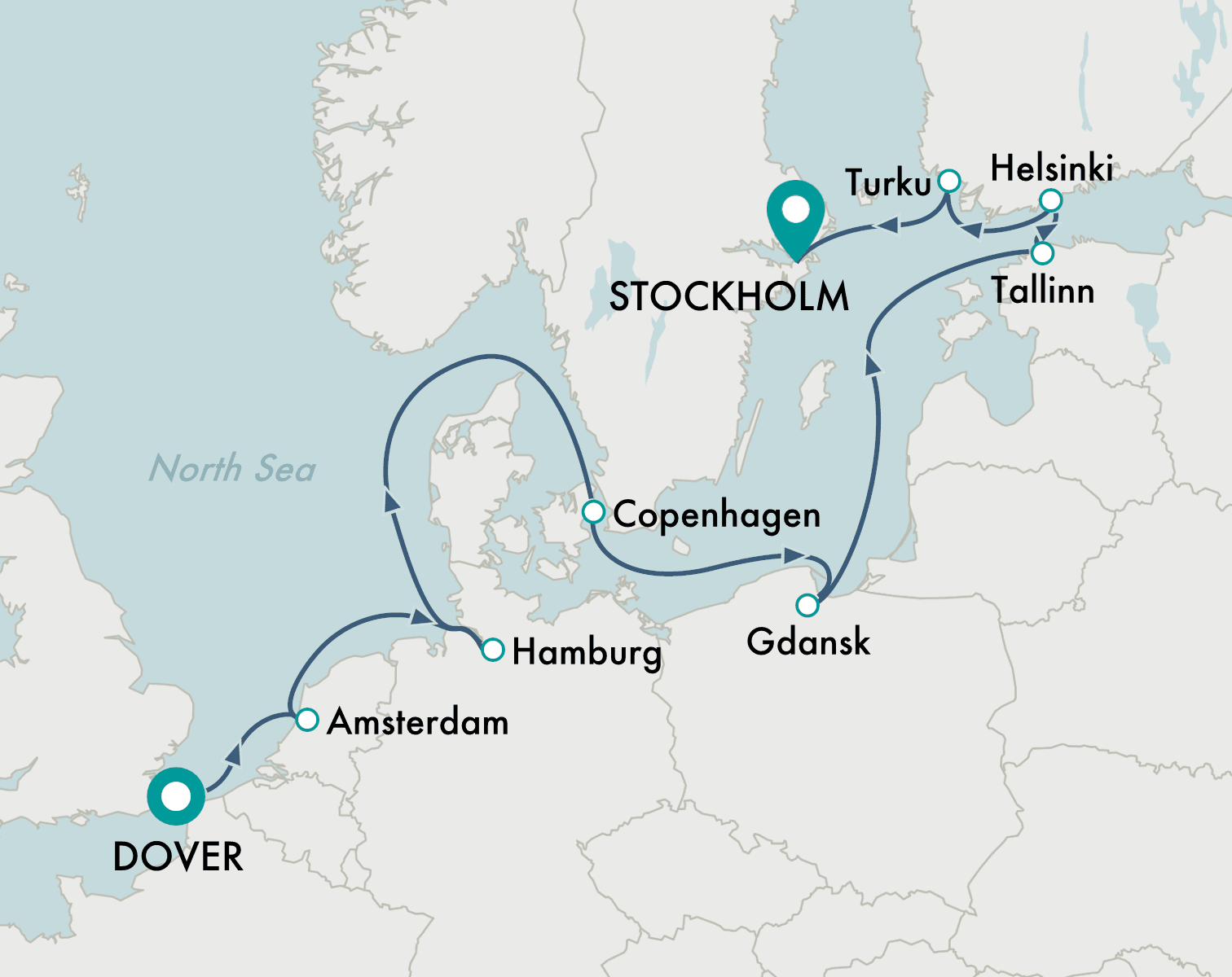 itinerary map of cruise London (Dover) to Stockholm