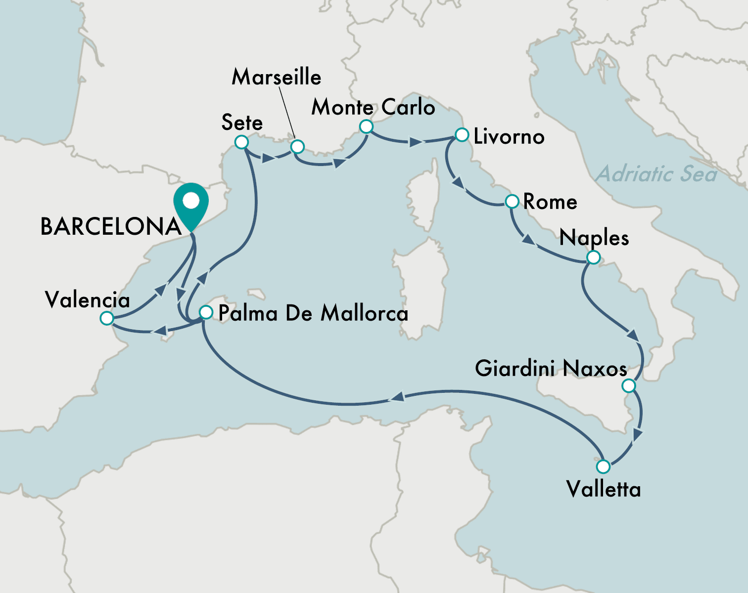 itinerary map of cruise Barcelona to Barcelona