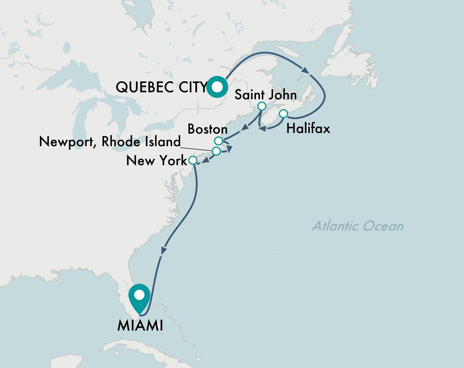 itinerary map of cruise Quebec City to Miami