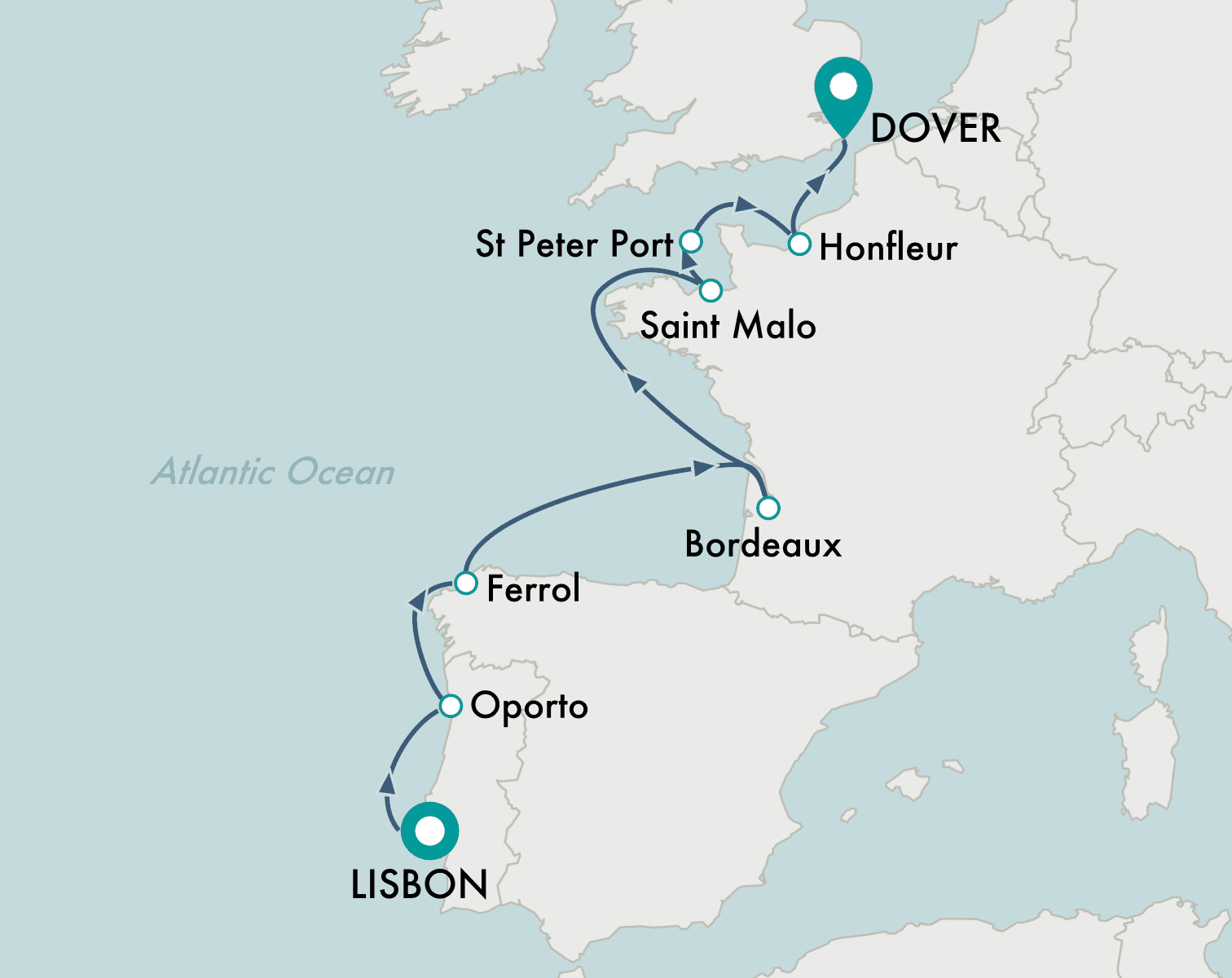 itinerary map of cruise Lisbon to London (Dover)