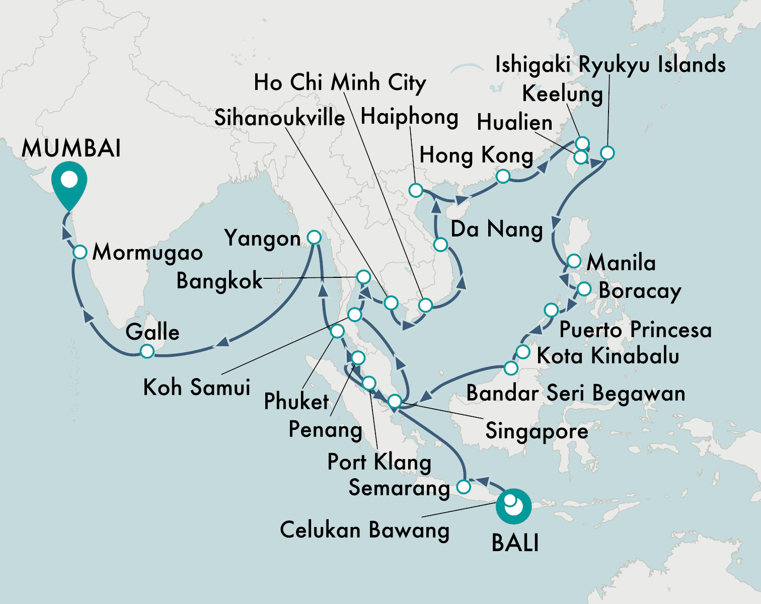 itinerary map of cruise Bali  to Mumbai