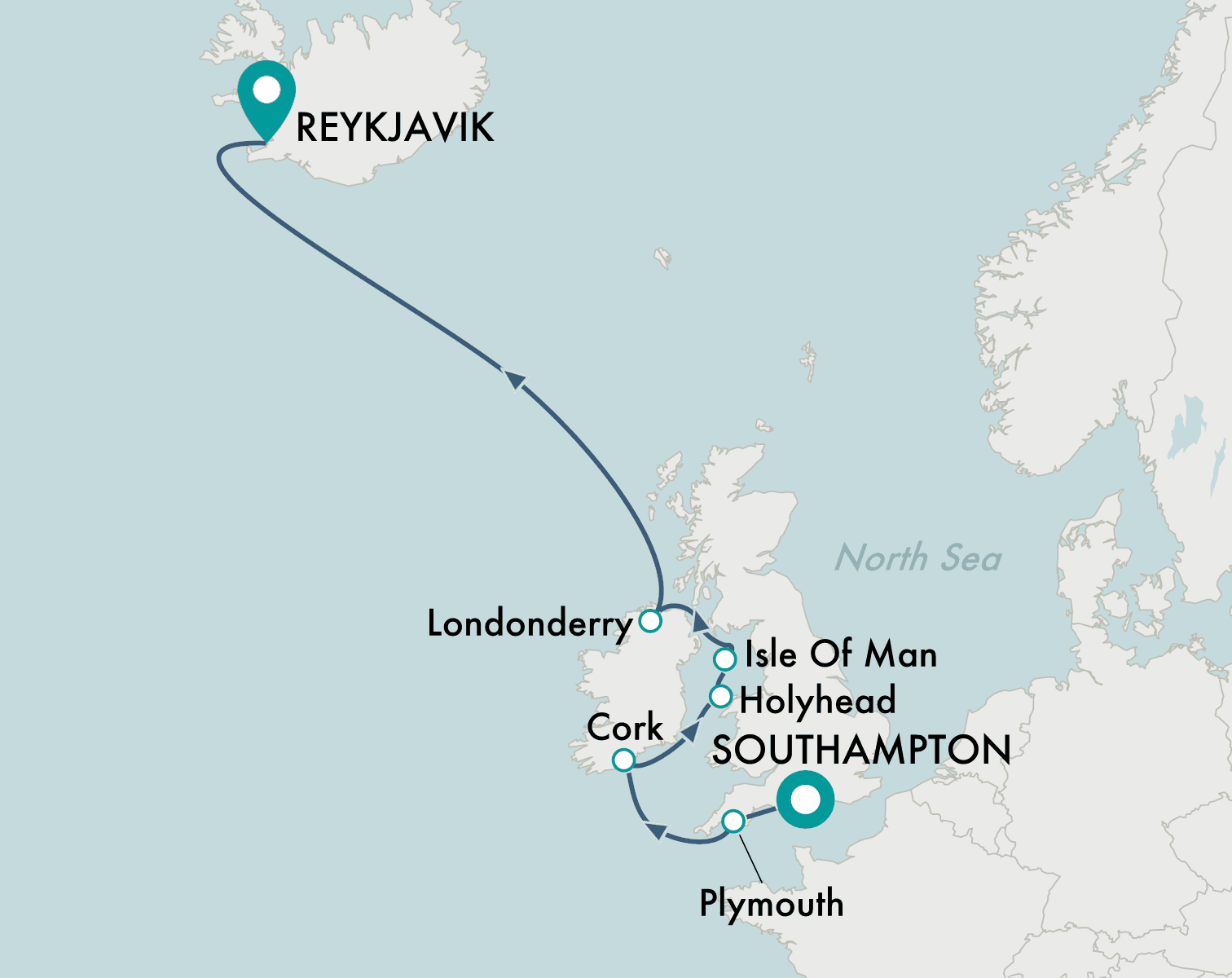 itinerary map of cruise Southampton to Reykjavik