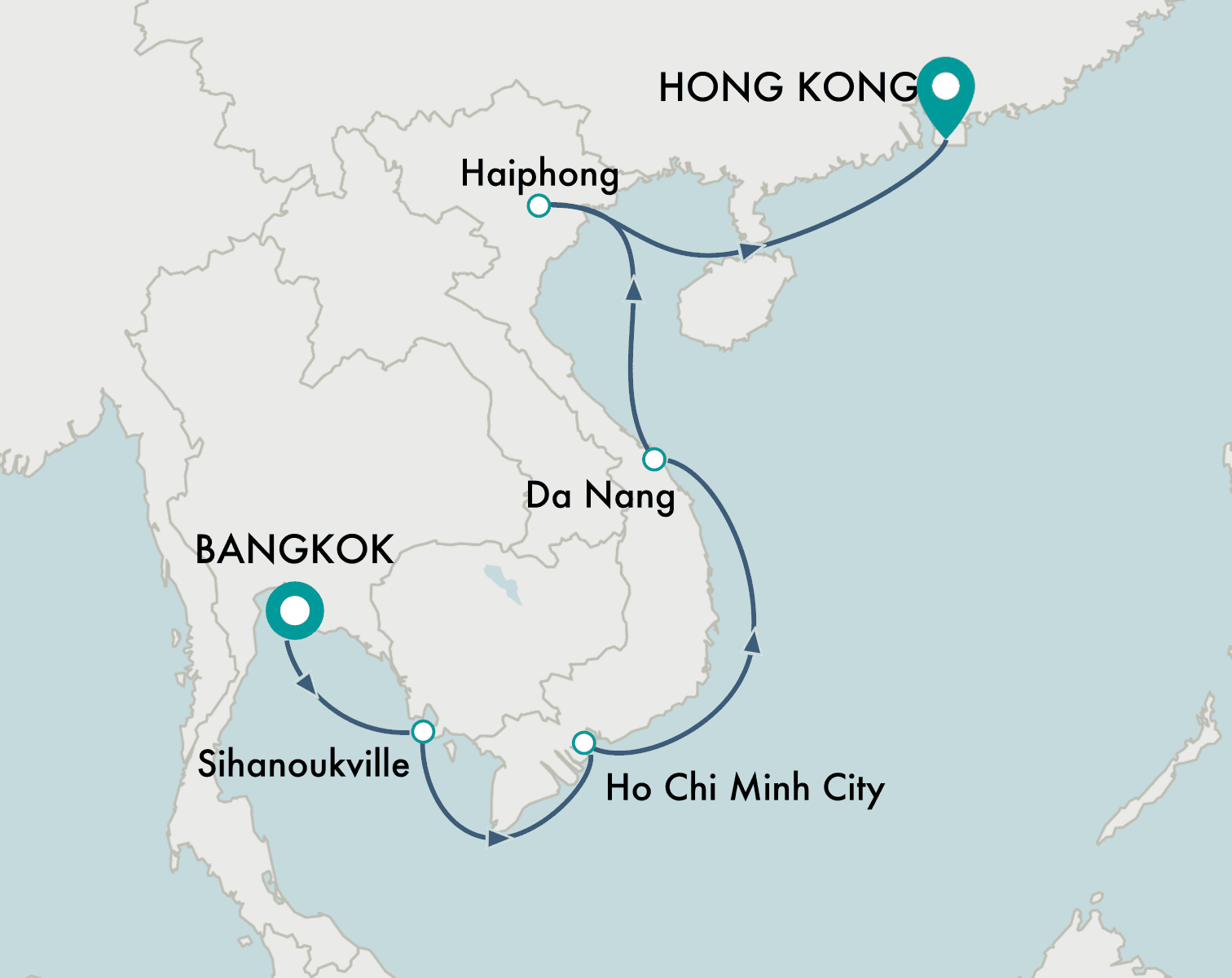 itinerary map of cruise Bangkok (Laem Chabang) to Hong Kong