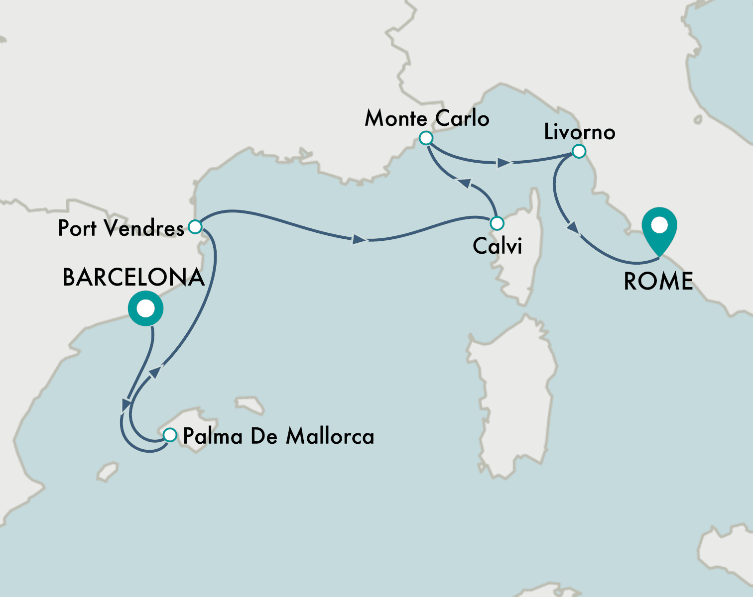 itinerary map of cruise Barcelona to Rome (Civitavecchia)