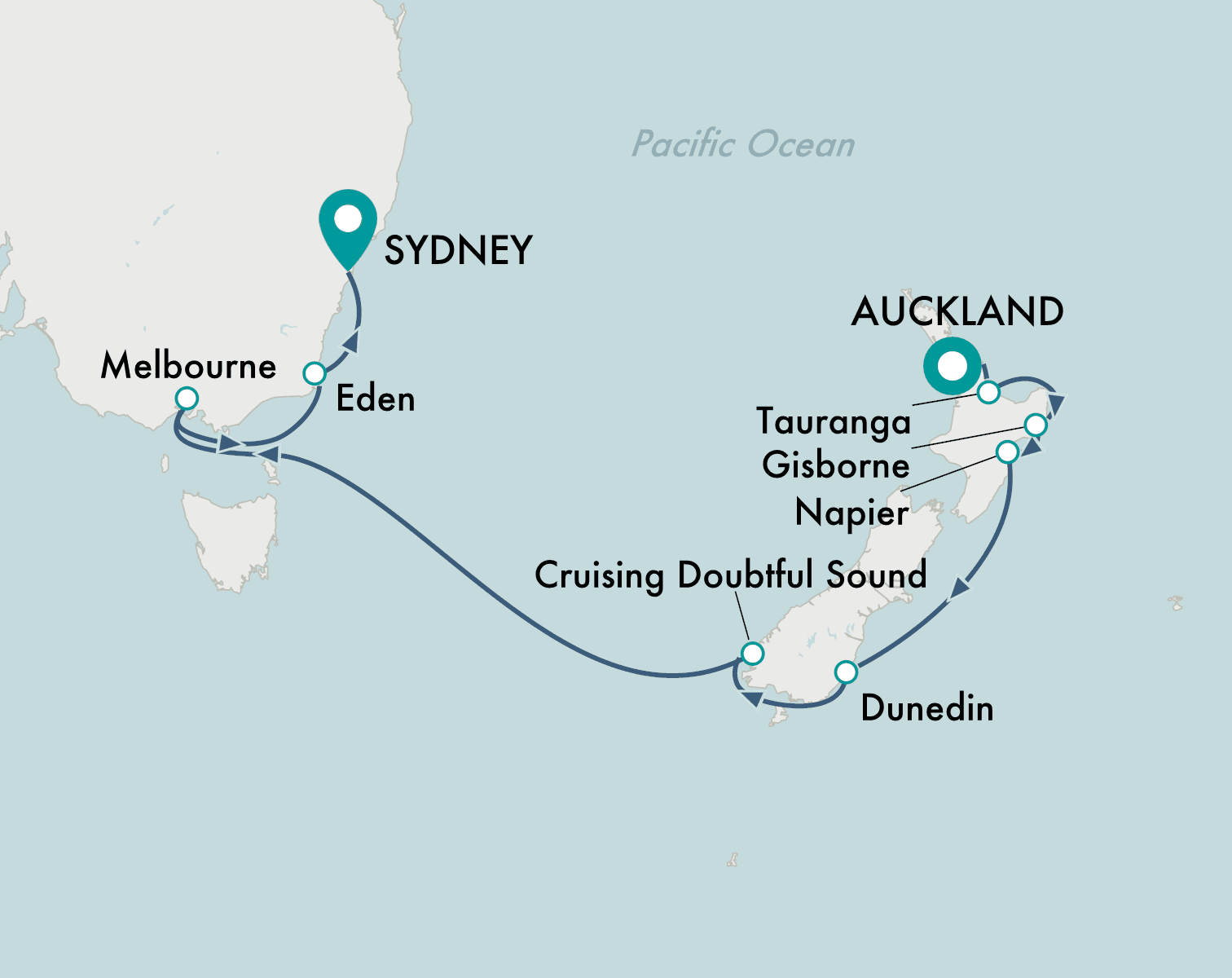 itinerary map of cruise Auckland to Sydney