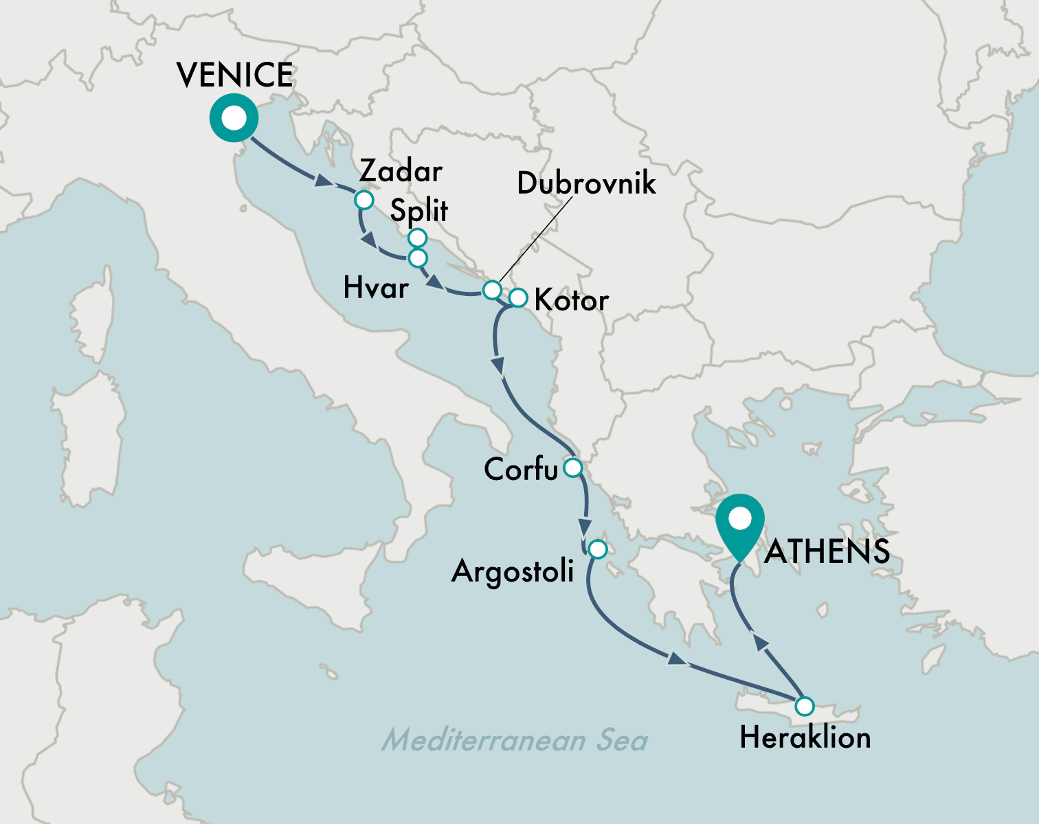 itinerary map of cruise Venice to Athens (Piraeus)