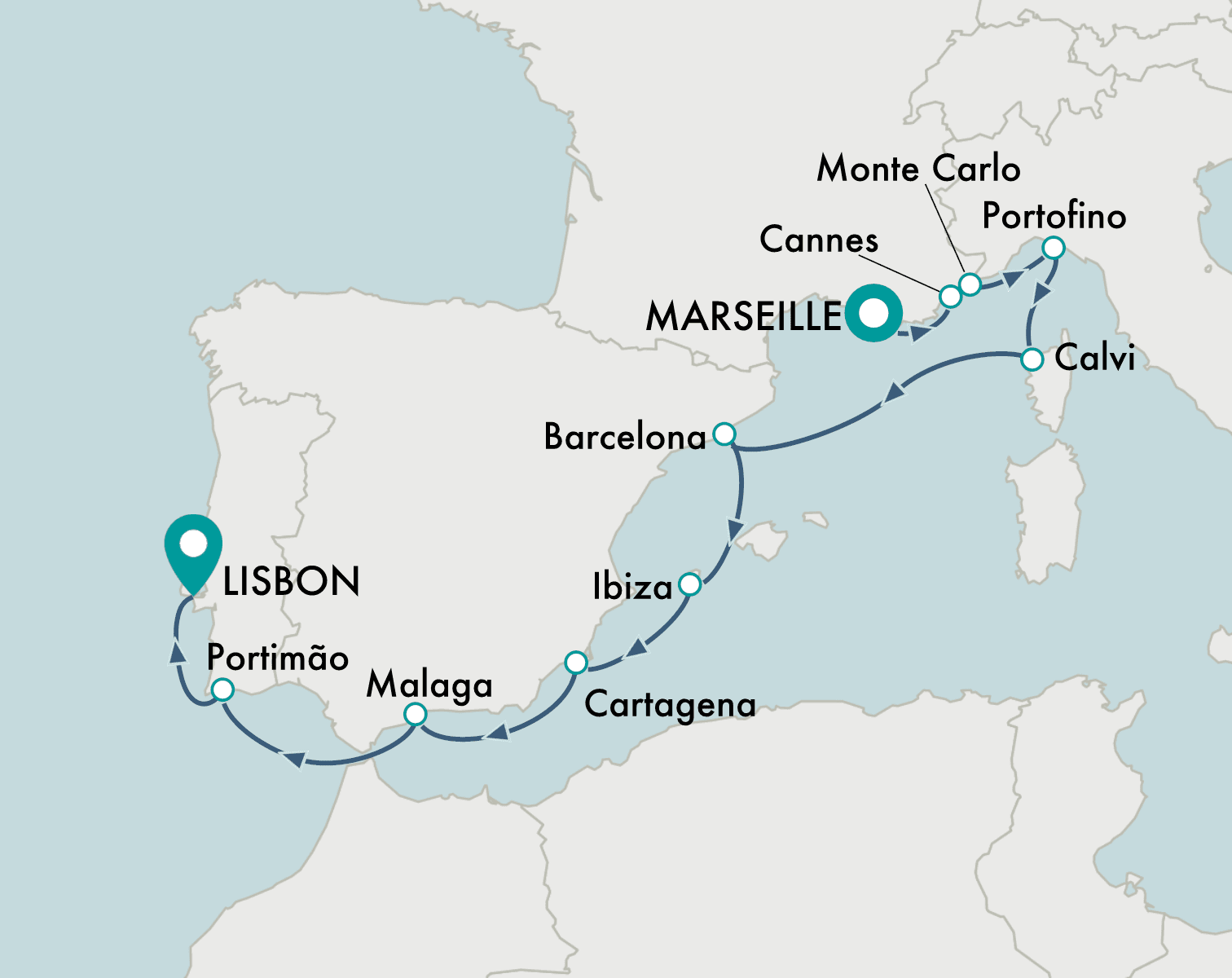 itinerary map of cruise Marseille  to Lisbon