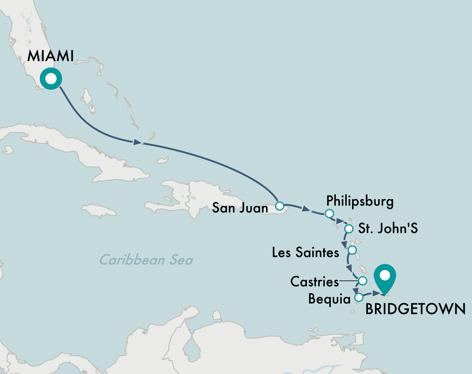 itinerary map of cruise Miami to Bridgetown