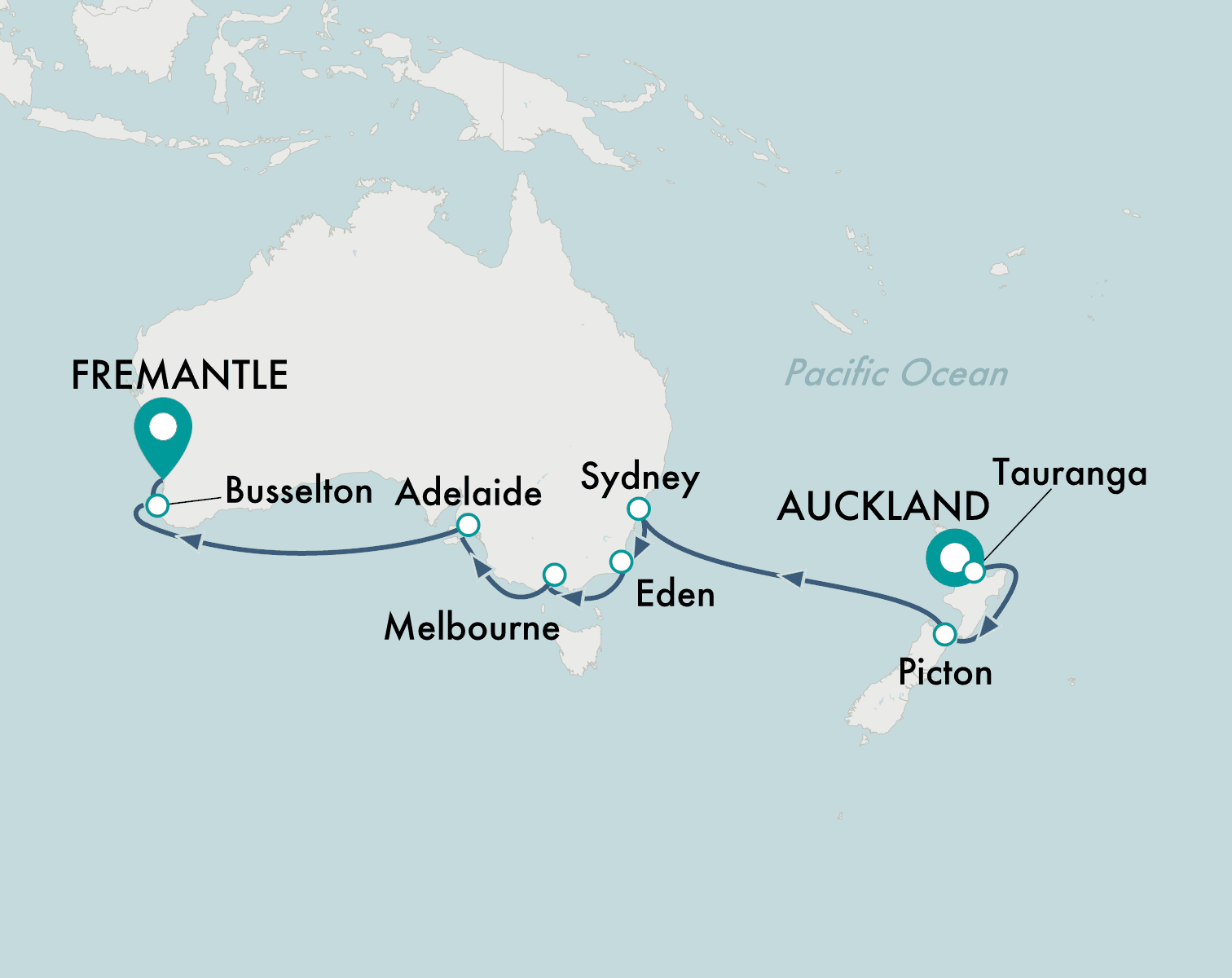 itinerary map of cruise Auckland to Perth (Fremantle)