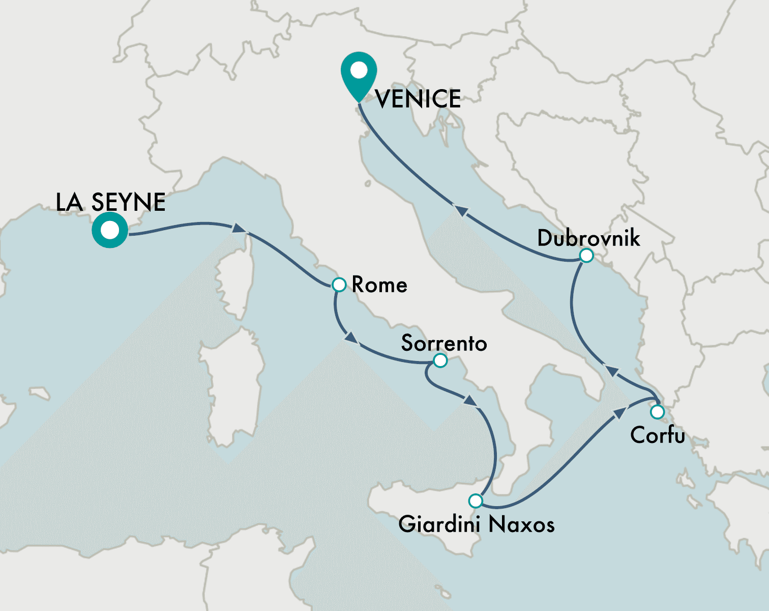 itinerary map of cruise La Seyne (Toulon) to Venice