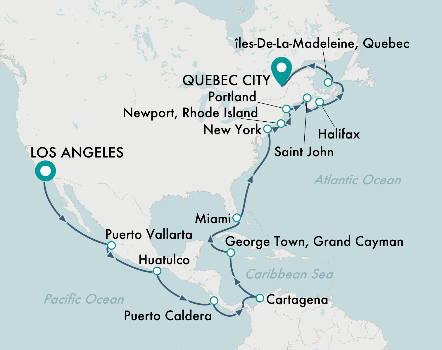 itinerary map of cruise Los Angeles to Quebec City