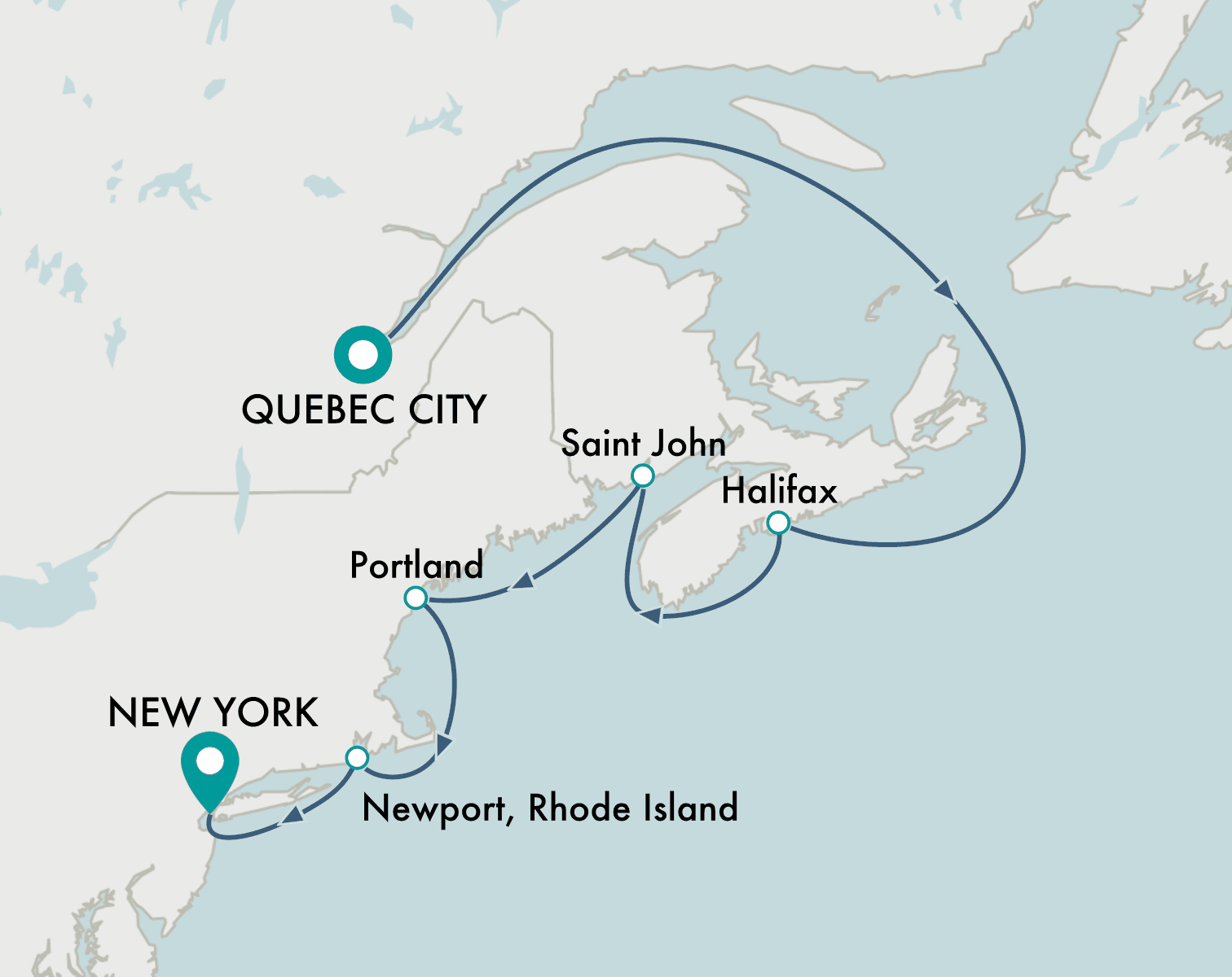 itinerary map of cruise Quebec City to New York
