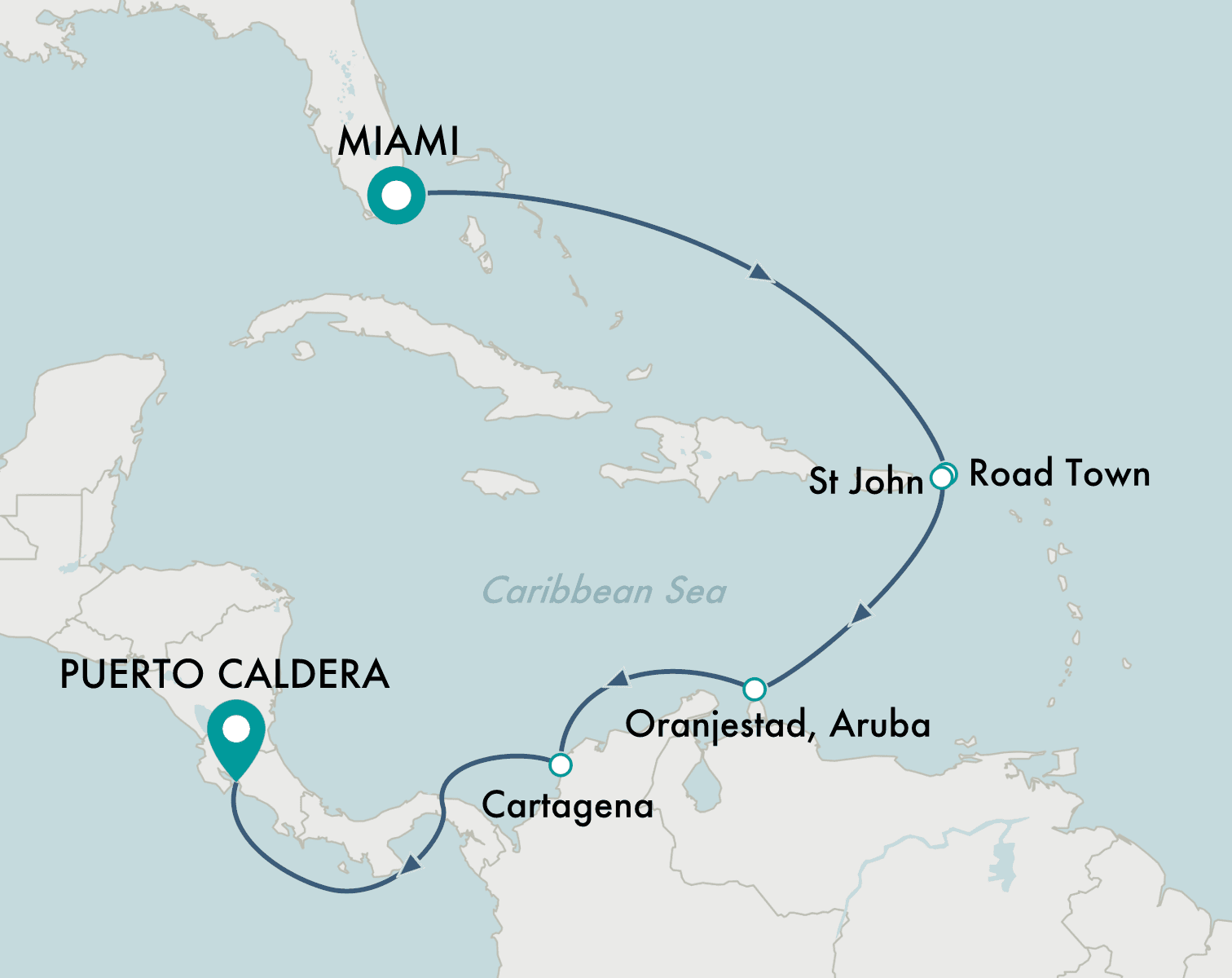 itinerary map of cruise Miami to Puerto Caldera