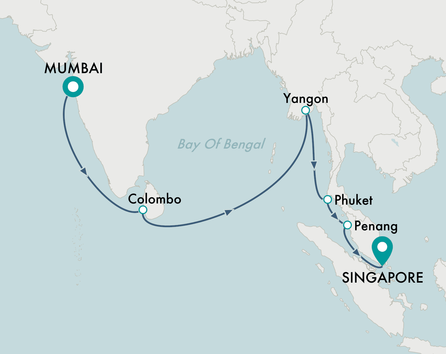 itinerary map of cruise Mumbai to Singapore