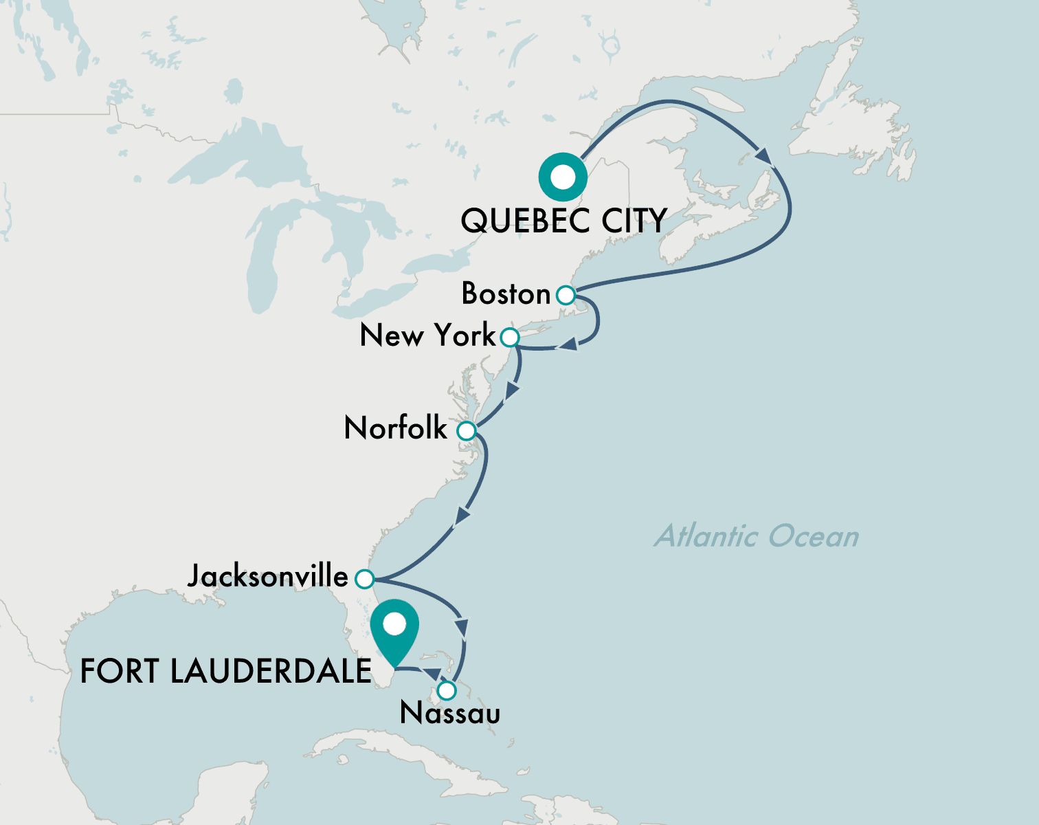 itinerary map of cruise Quebec City to Fort Lauderdale