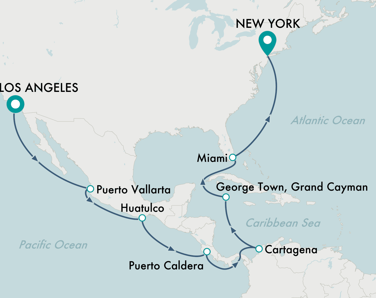 itinerary map of cruise Los Angeles to New York