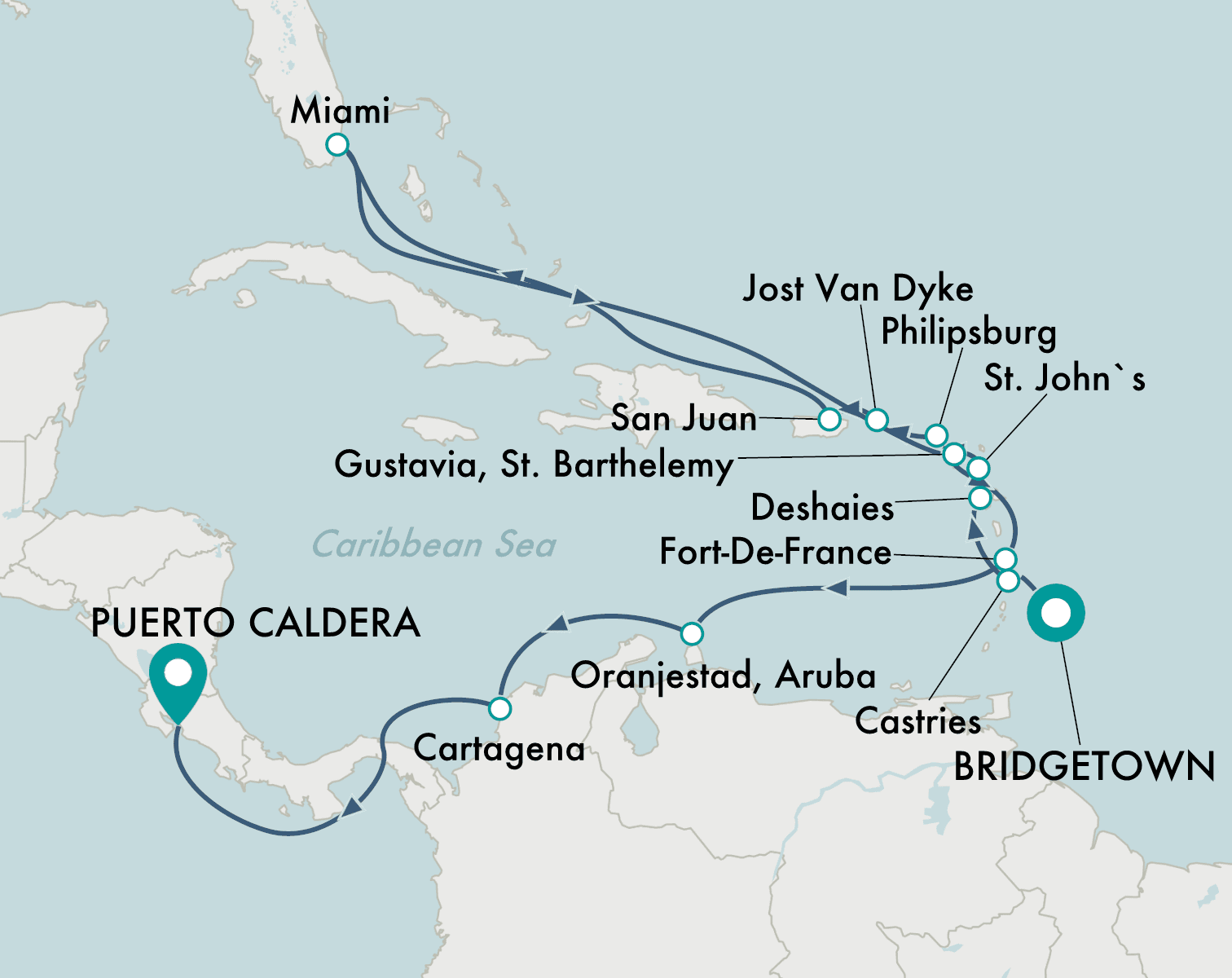 itinerary map of cruise Bridgetown to Puerto Caldera