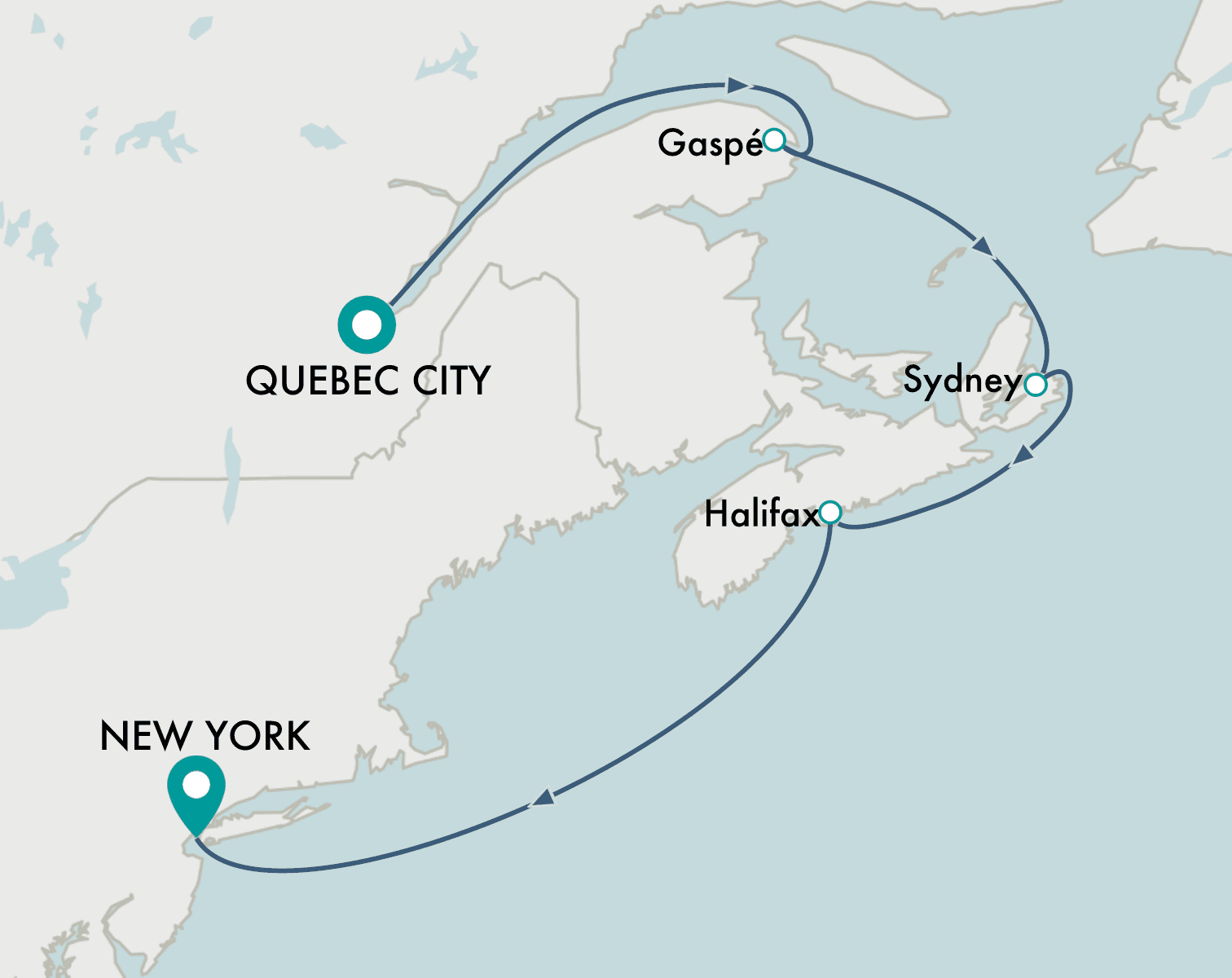 itinerary map of cruise Quebec City to New York