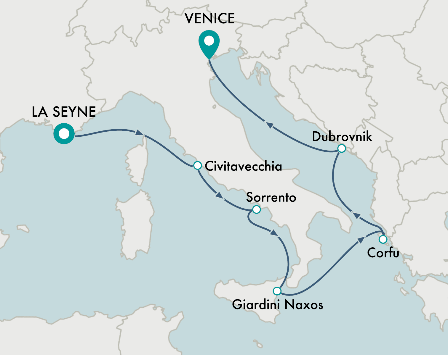 itinerary map of cruise Toulon (La Seyne) to Venice