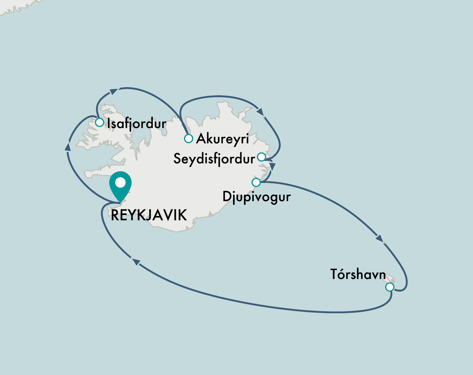 itinerary map of cruise Reykjavik to Reykjavik