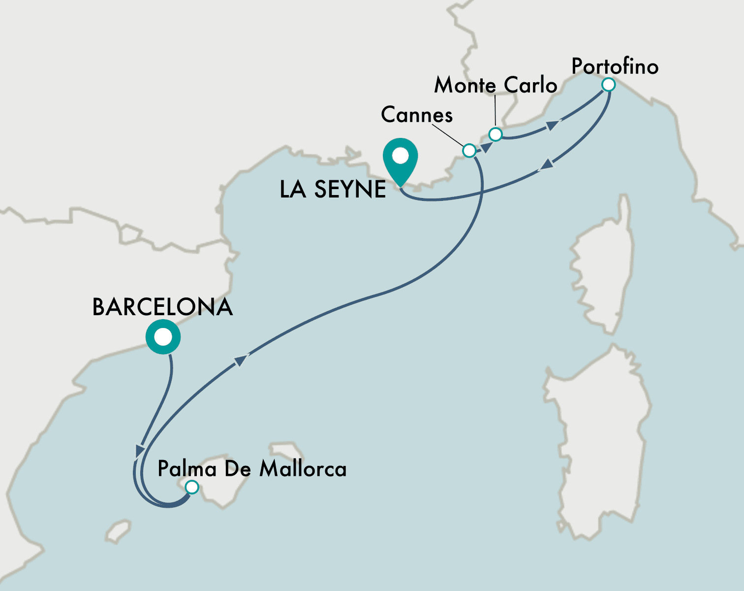 itinerary map of cruise Barcelona to Toulon (La Seyne)
