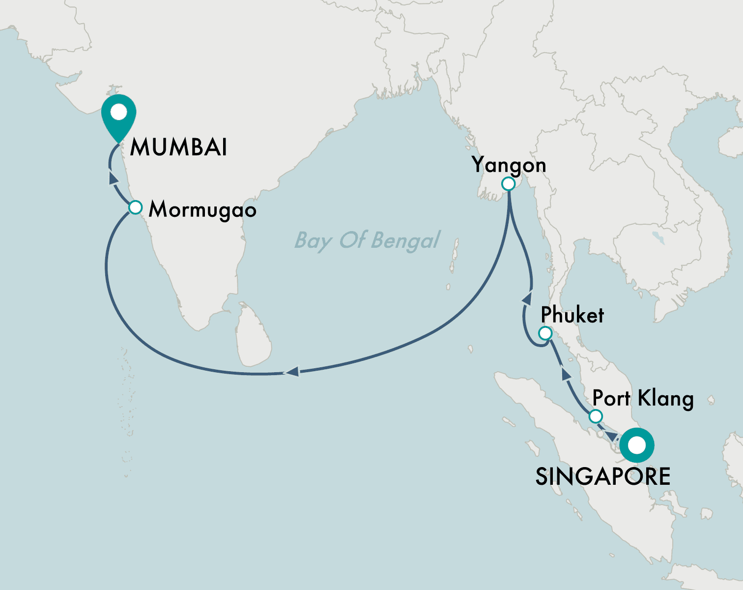 itinerary map of cruise Singapore to Mumbai
