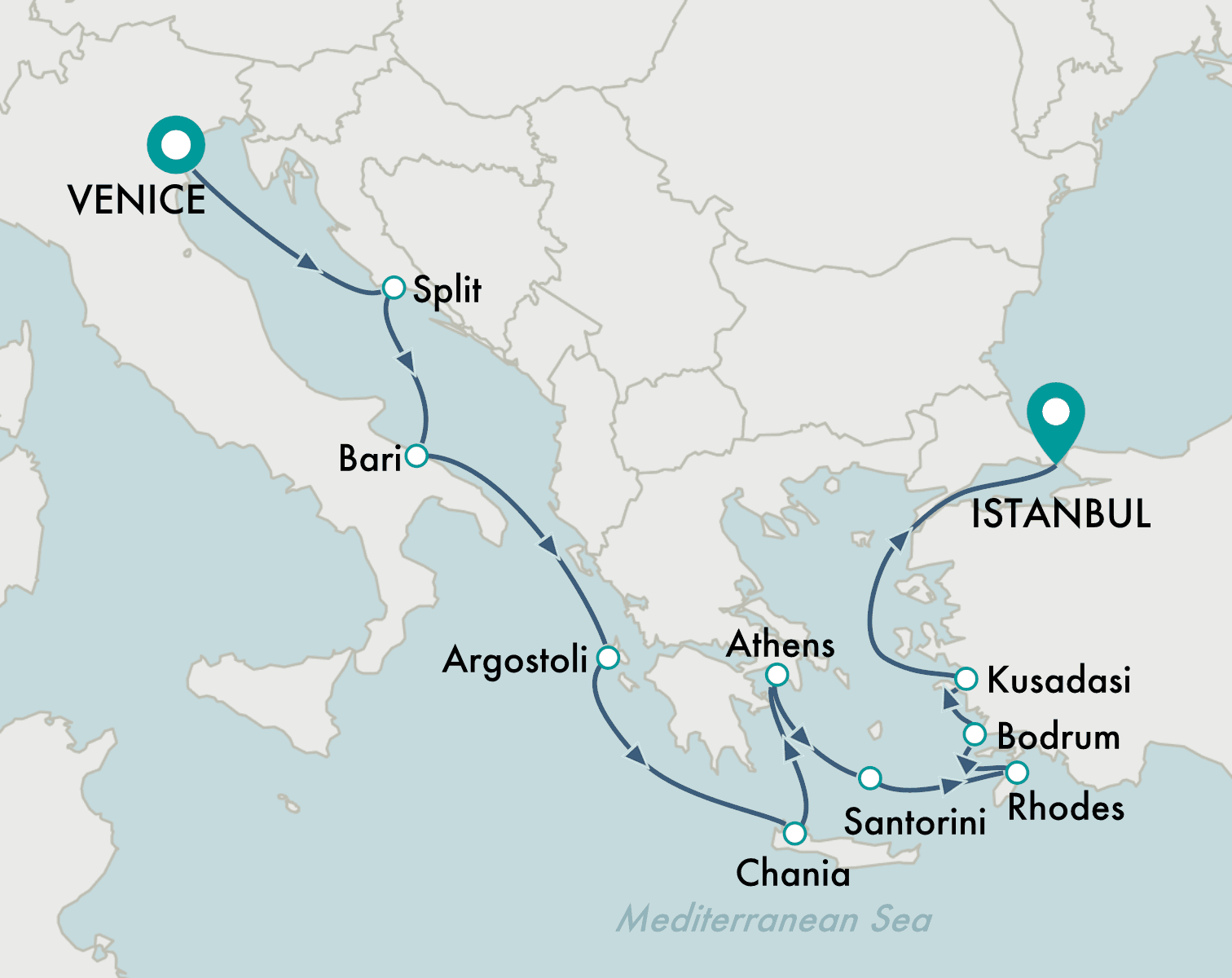 itinerary map of cruise Venice to Istanbul
