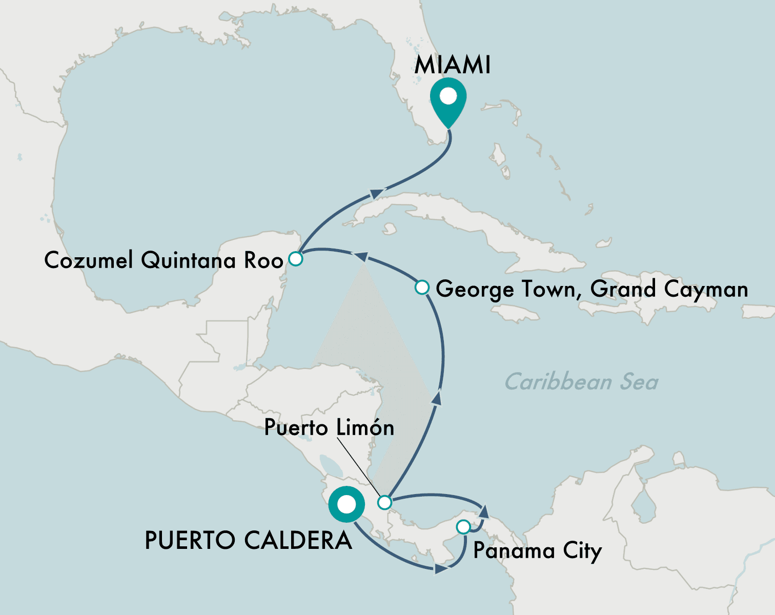 itinerary map of cruise Puerto Caldera to Miami