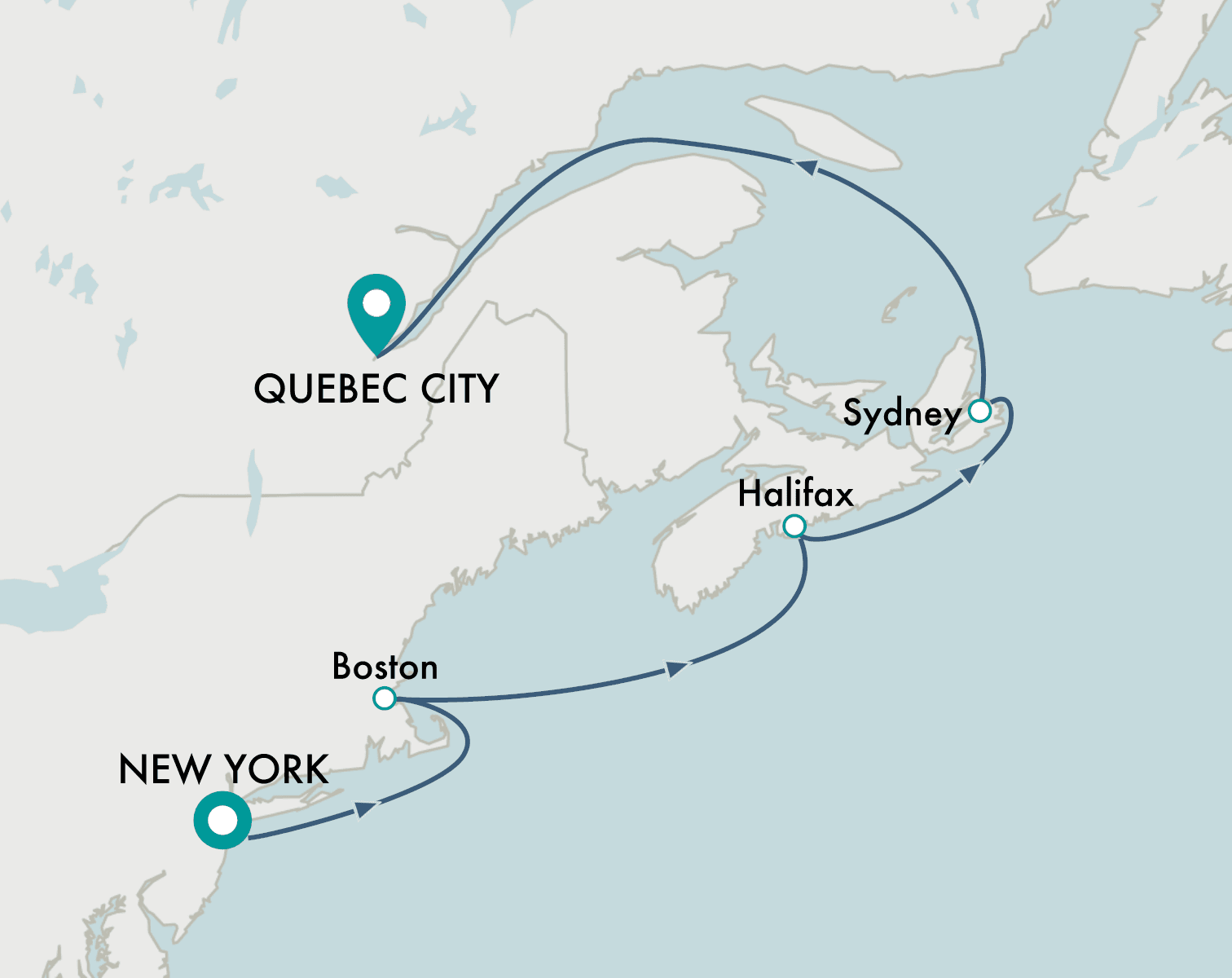 itinerary map of cruise New York to Quebec City