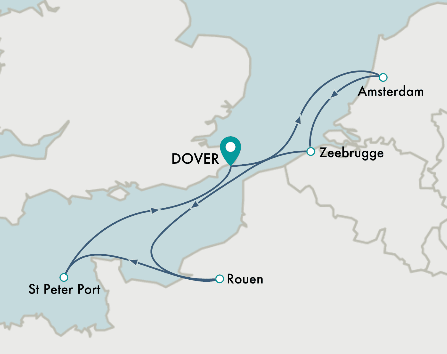 itinerary map of cruise London (Dover) to London (Dover)