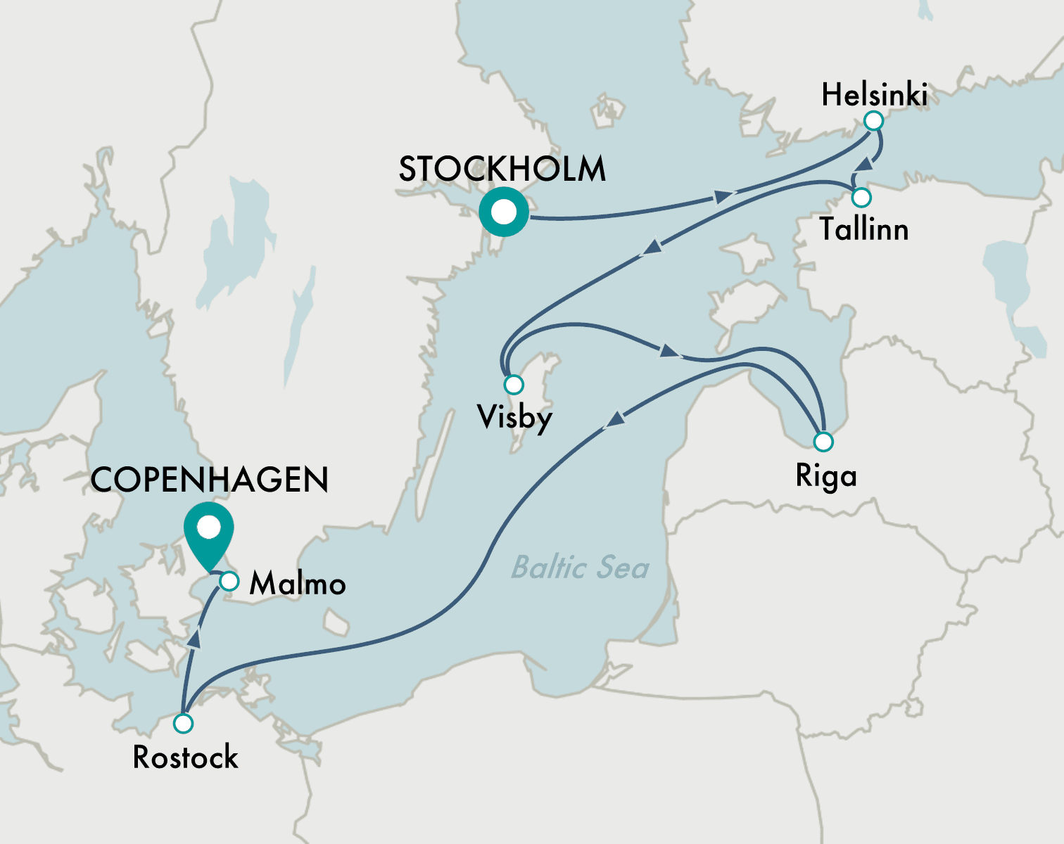 itinerary map of cruise Stockholm to Copenhagen