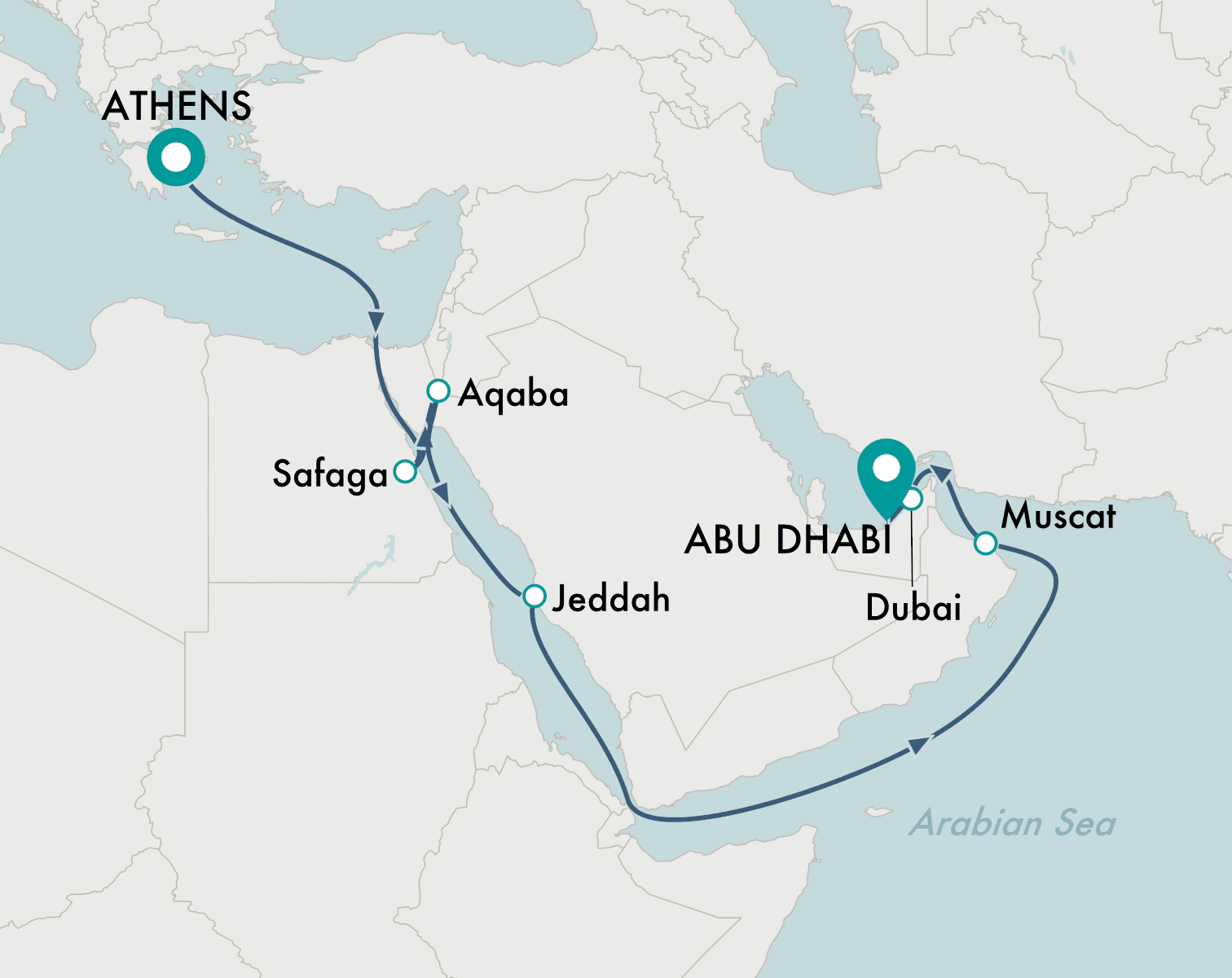 itinerary map of cruise Athens (Piraeus) to Abu Dhabi