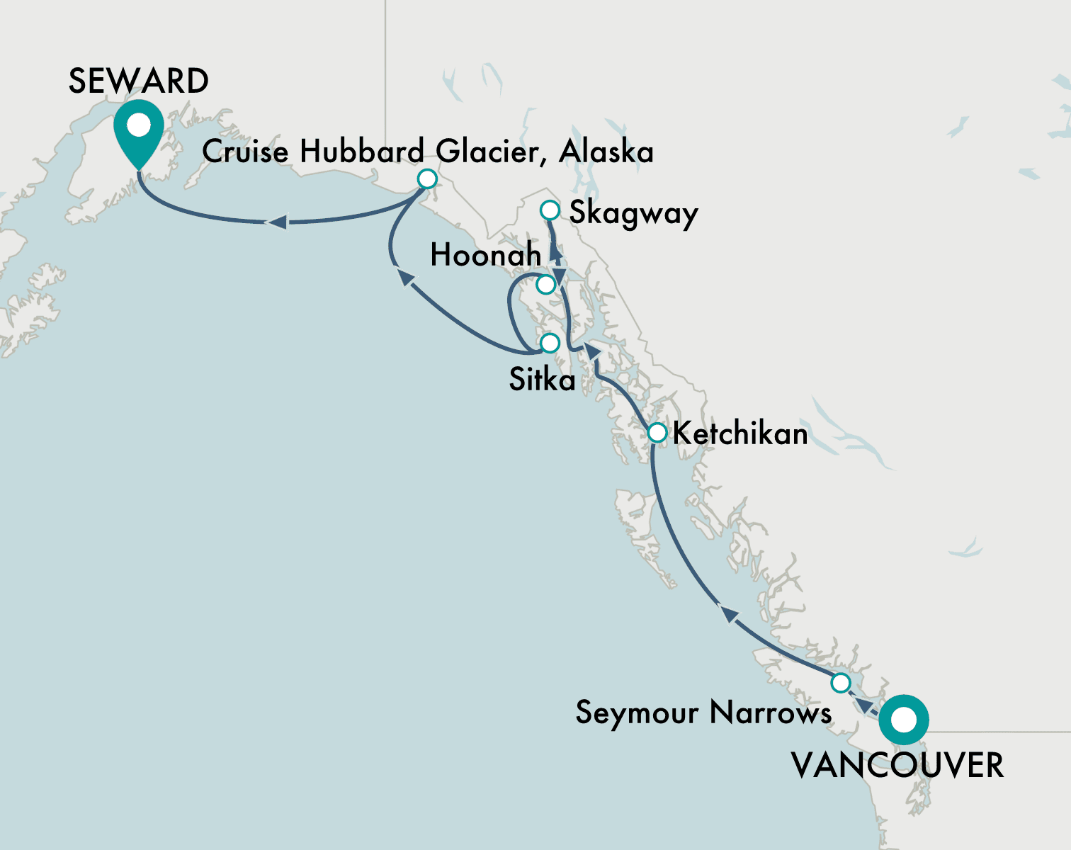 itinerary map of cruise Vancouver to Seward (Anchorage)
