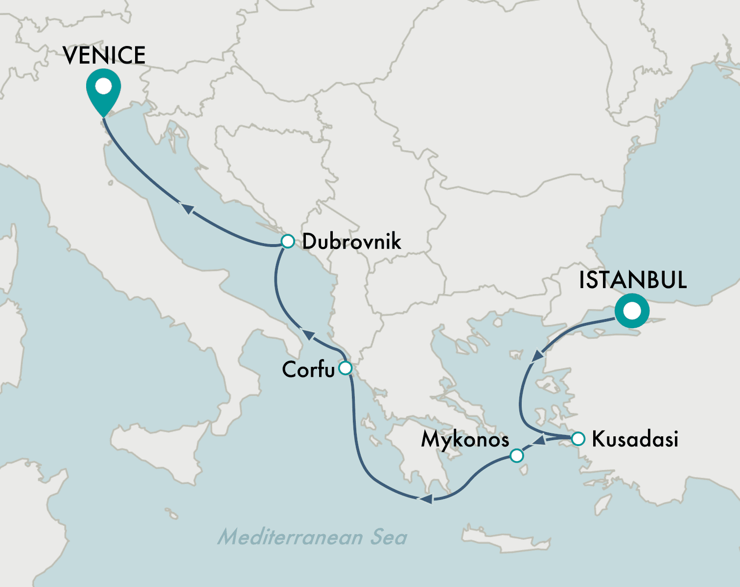 itinerary map of cruise Istanbul to Venice