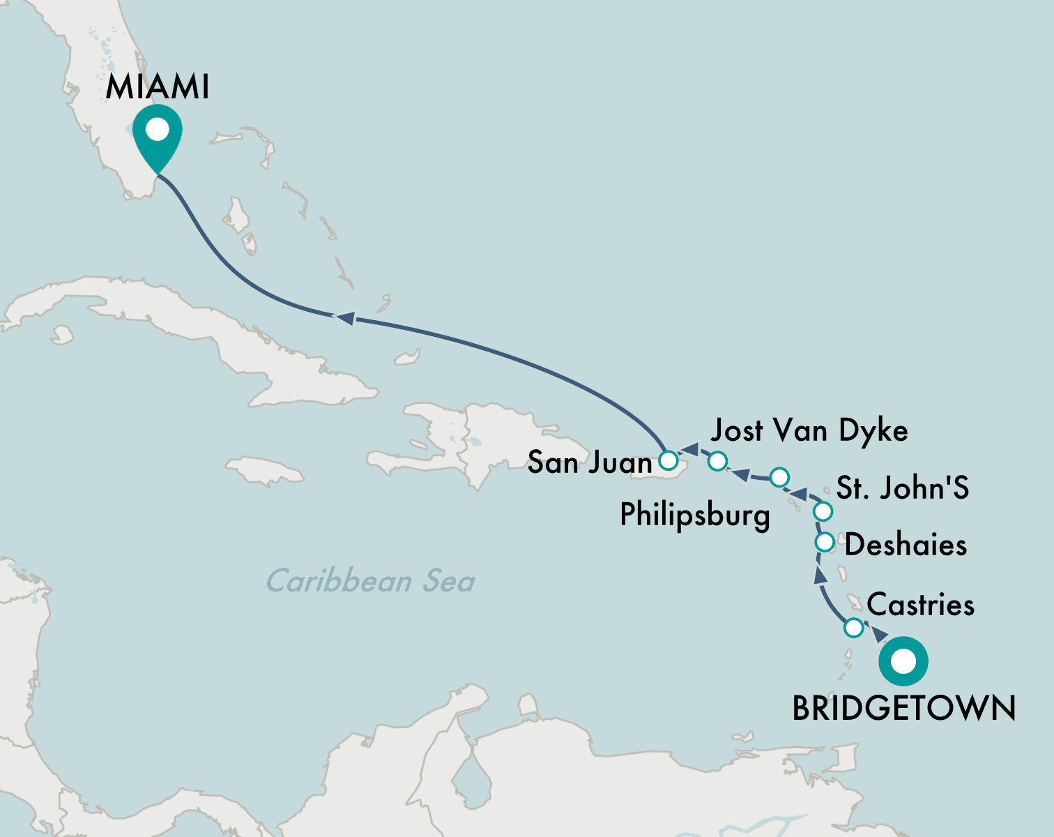 itinerary map of cruise Bridgetown to Miami