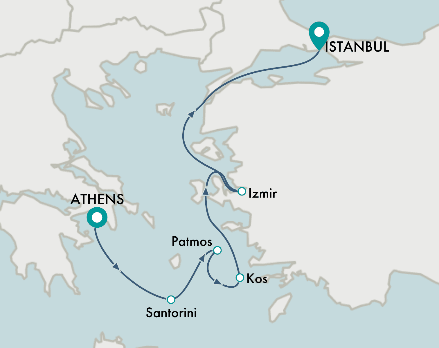 itinerary map of cruise Athens (Piraeus) to Istanbul