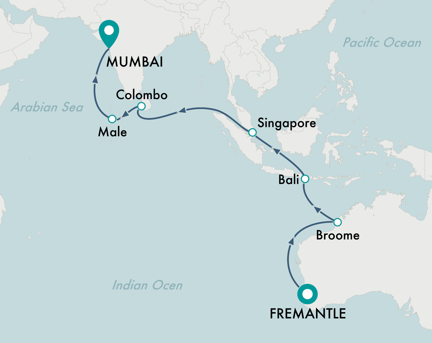 itinerary map of cruise Perth (Fremantle) to Mumbai