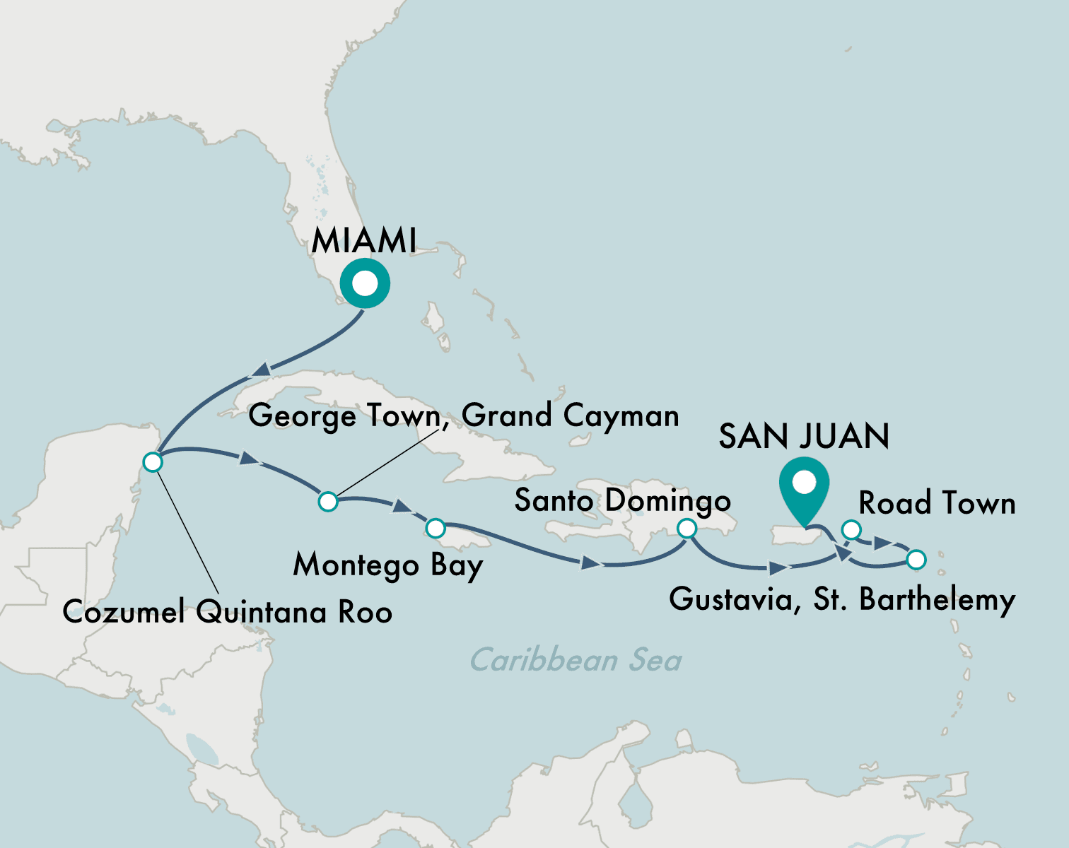 itinerary map of cruise Miami to San Juan