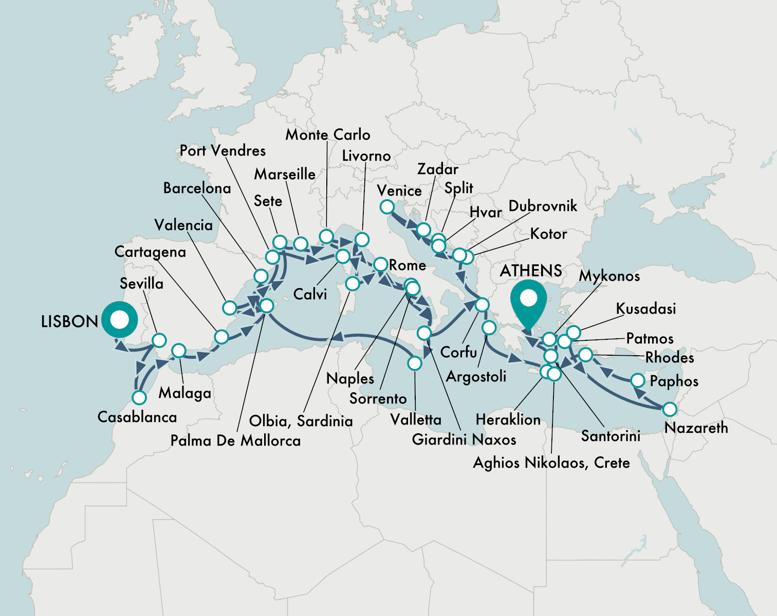 itinerary map of cruise Lisbon to Athens (Piraeus)