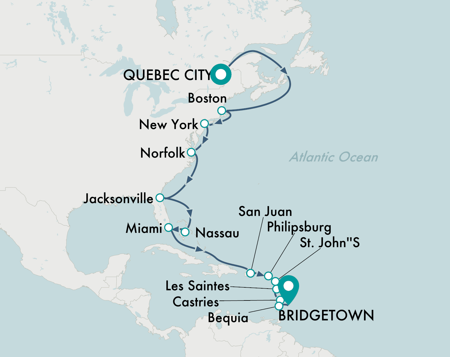 itinerary map of cruise Quebec City to Bridgetown