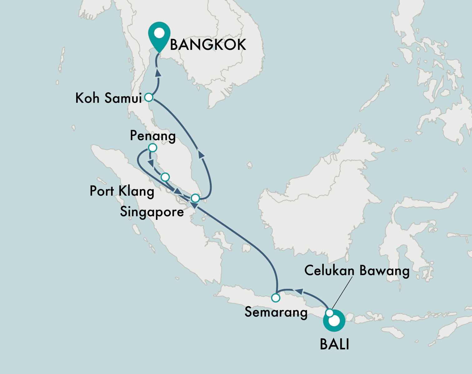 itinerary map of cruise Bali  to Bangkok (Laem Chabang)