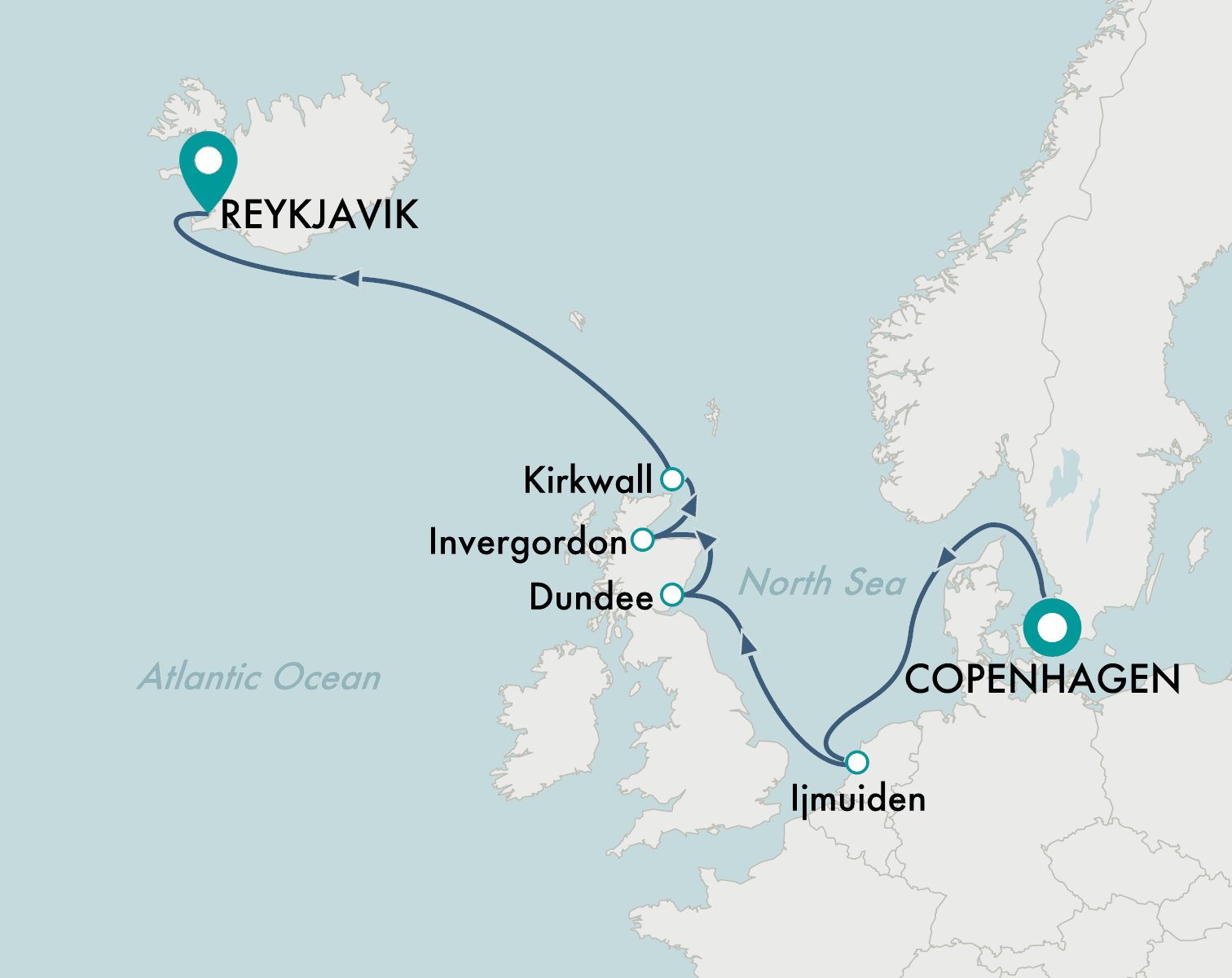 itinerary map of cruise Copenhagen to Reykjavik