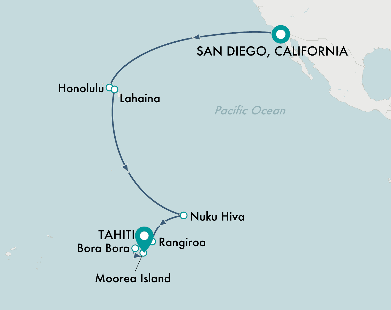 itinerary map of cruise San Diego to Tahiti (Papeete)