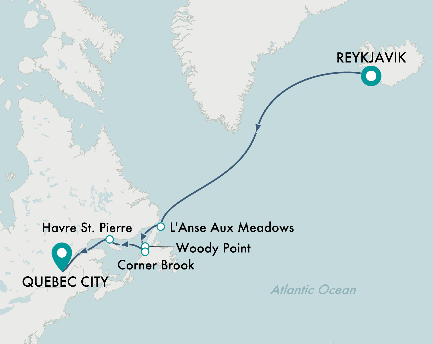 itinerary map of cruise Reykjavik to Quebec City