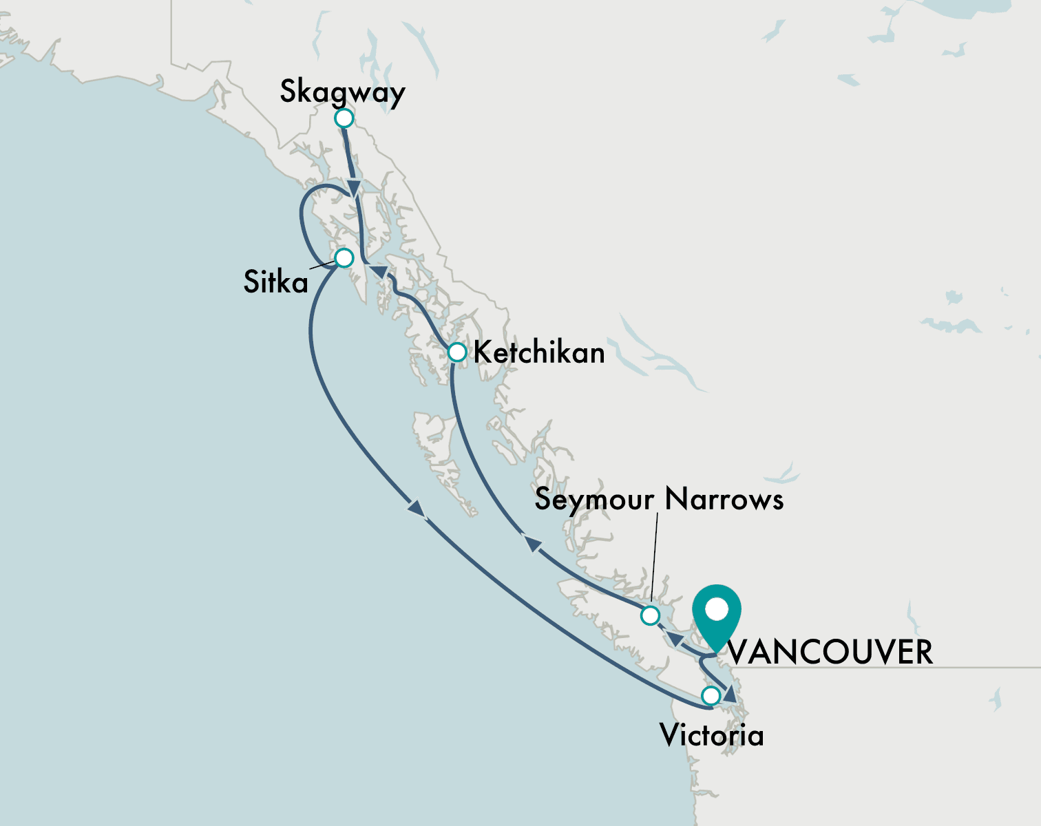 itinerary map of cruise Vancouver to Vancouver