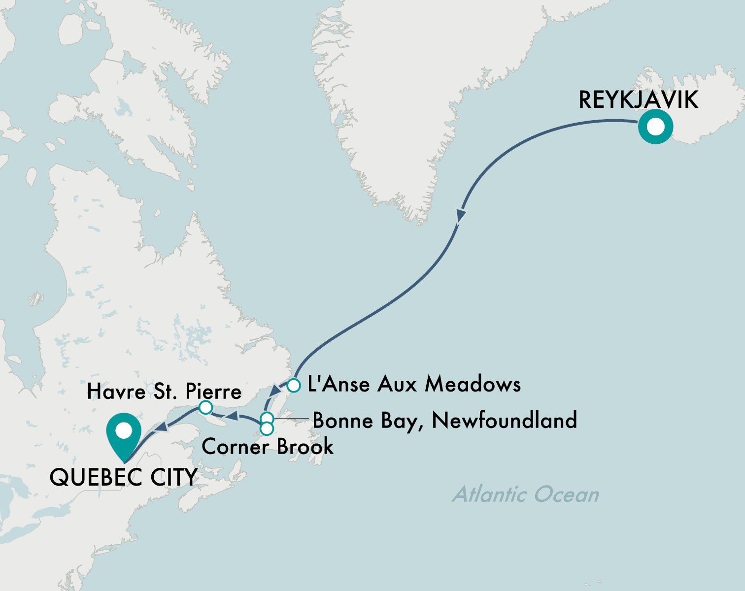 itinerary map of cruise Reykjavik to Quebec City